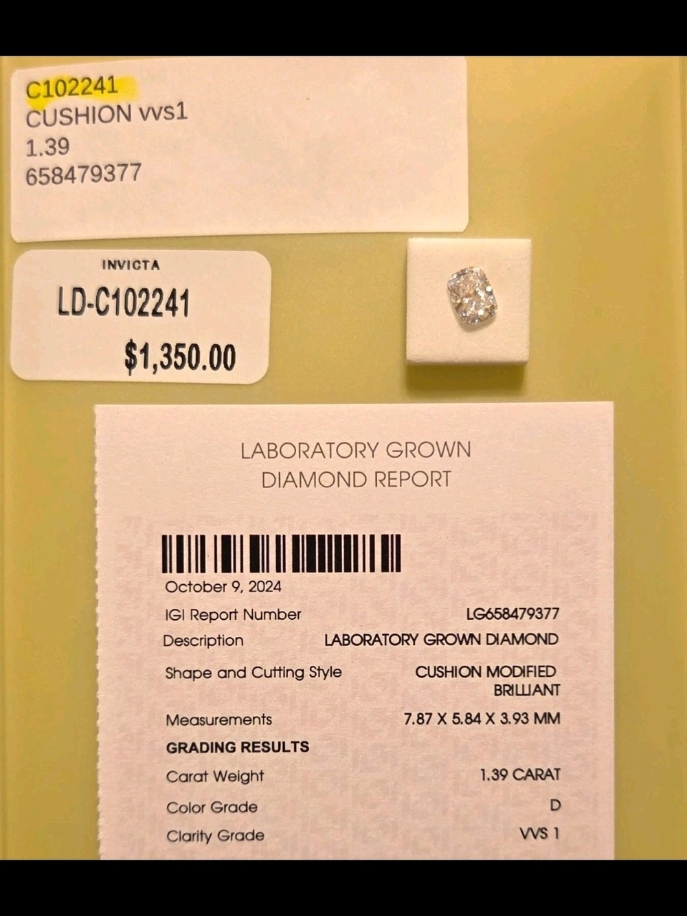 Lab Grown Cushion Modified Brilliant Diamond - D Color VVS1 - 1.39ct